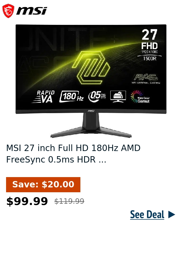 MSI 27 inch Full HD 180Hz AMD FreeSync 0.5ms HDR ...